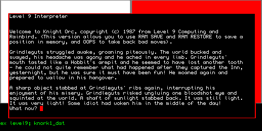 Level 9 interpreter with `Knight Orc' adventure